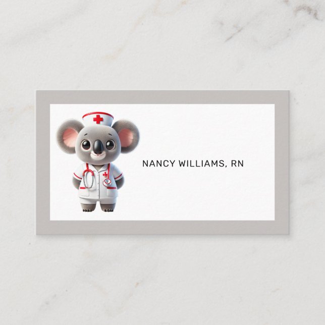 Cute Koala Bear Nurse with Stethoscope Tan Border Business Card (Front)