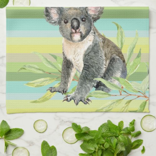 Cute Koala bear on green striped bg custom name  Kitchen Towel