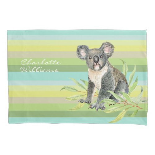 Cute Koala bear on green striped bg custom name Pillow Case