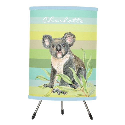 Cute Koala bear on green striped bg custom name Tripod Lamp