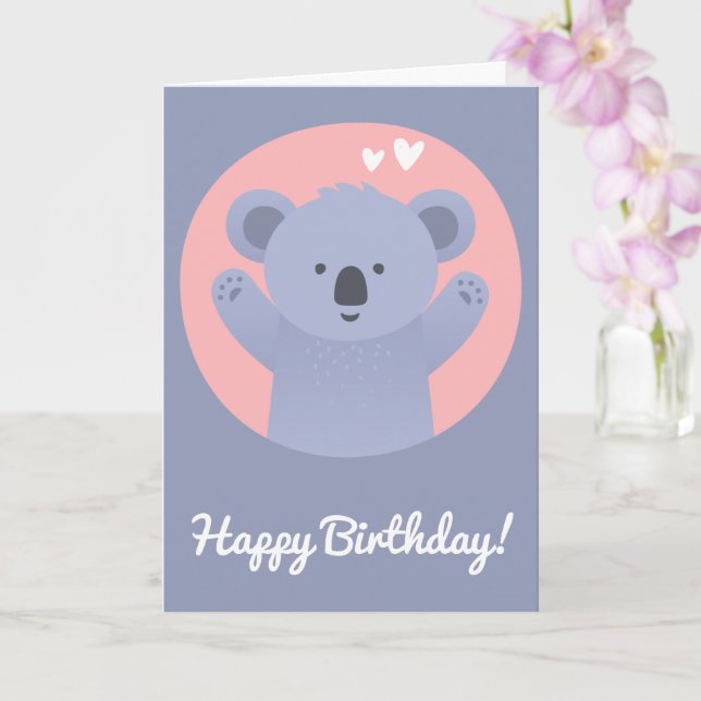 Cute Koala Bear - Personalized Kids Birthday Card (Orchid)