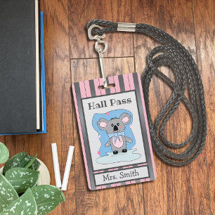 Cute Koala Bear Pink and Gray Hall Pass Badge