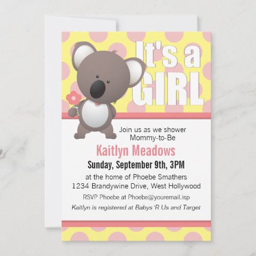 Cute Koala Bear Polka Dots Baby Shower Invitation