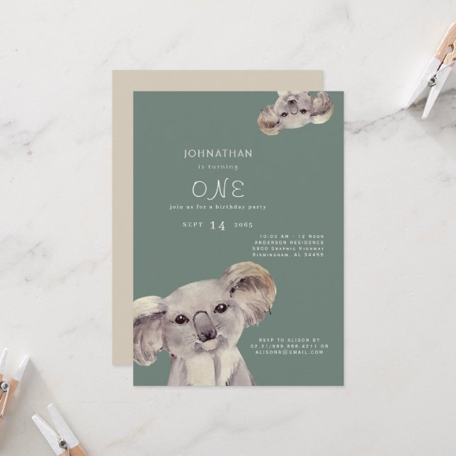 Cute Koala Bear Sage Birthday Party Invitation (Front/Back In Situ)