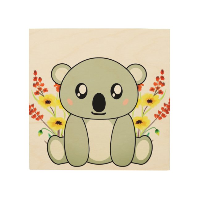 Cute Koala Bear with Flowers Wood Wall Art (Front)