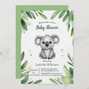 Cute Koala Bear with Green Leaves Baby Shower Invitation