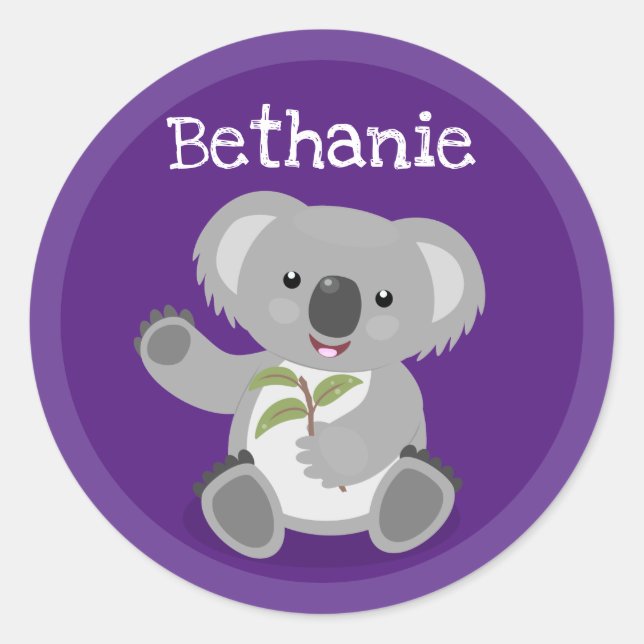 Cute koala bear with leaves cartoon illustration classic round sticker (Front)