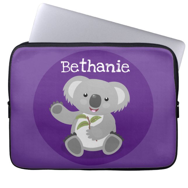 Cute koala bear with leaves cartoon illustration laptop sleeve (Front)