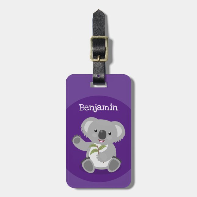 Cute koala bear with leaves cartoon illustration luggage tag (Front Vertical)