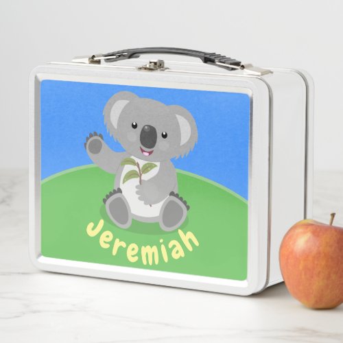 Cute koala bear with leaves cartoon illustration metal lunch box