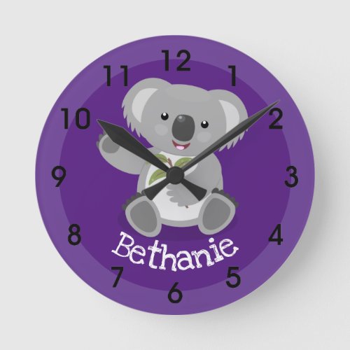 Cute koala bear with leaves cartoon illustration round clock