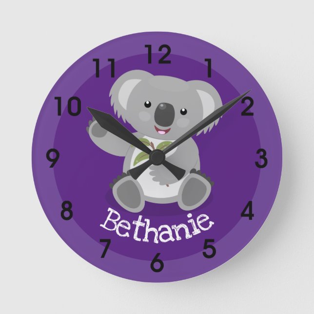 Cute koala bear with leaves cartoon illustration round clock (Front)