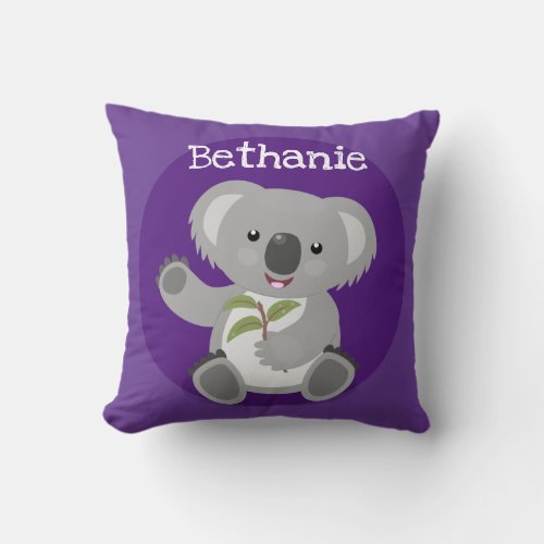 Cute koala bear with leaves cartoon illustration throw pillow