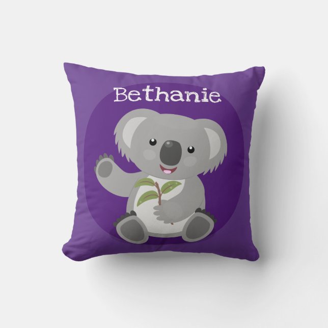 Cute koala bear with leaves cartoon illustration throw pillow (Front)