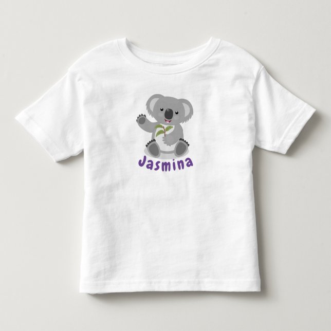 Cute koala bear with leaves cartoon illustration toddler t-shirt (Front)