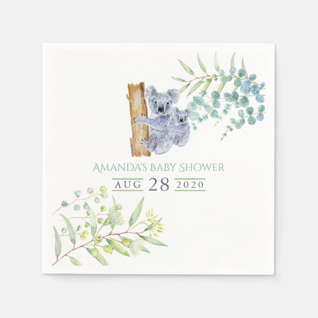 Cute Koala Bears Eucalyptus Leaves Baby Shower Napkins (Front)
