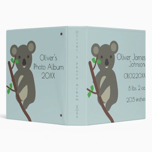 Cute Koala Blue Baby Boy Birth Stats Photo Album 3 Ring Binder