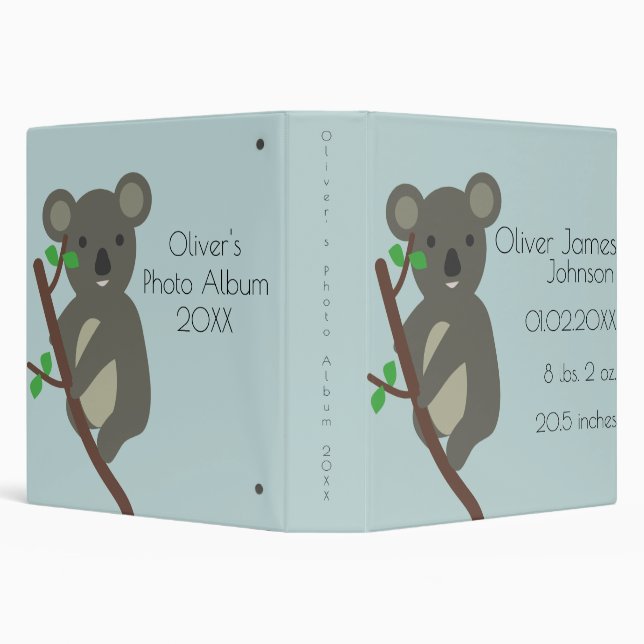 Cute Koala Blue Baby Boy Birth Stats Photo Album 3 Ring Binder (Background)