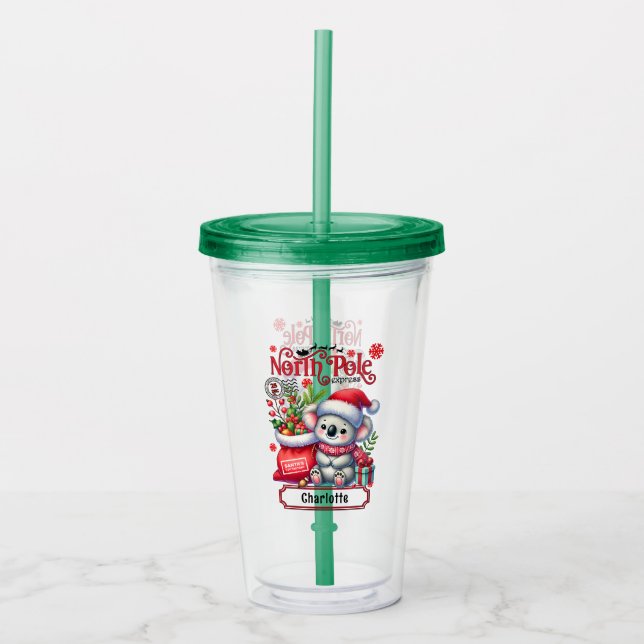 Cute Koala Chirstmas Personalized Name Acrylic Tumbler (Front)