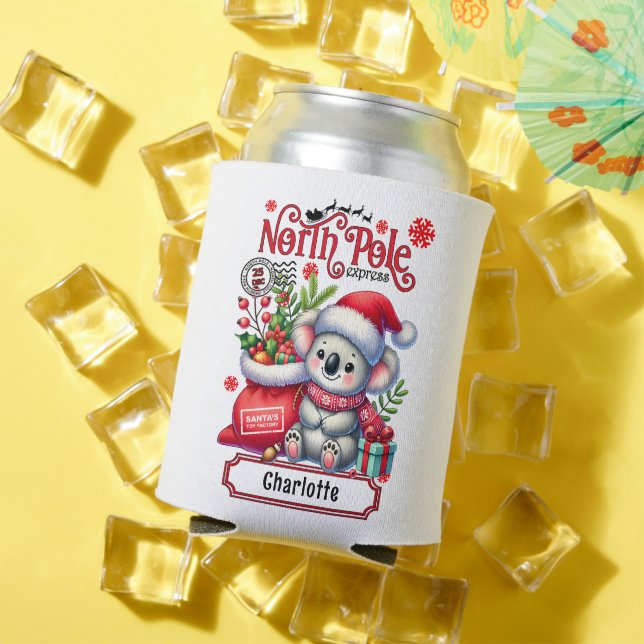 Cute Koala Chirstmas Personalized Name Can Cooler (In Situ Summer)