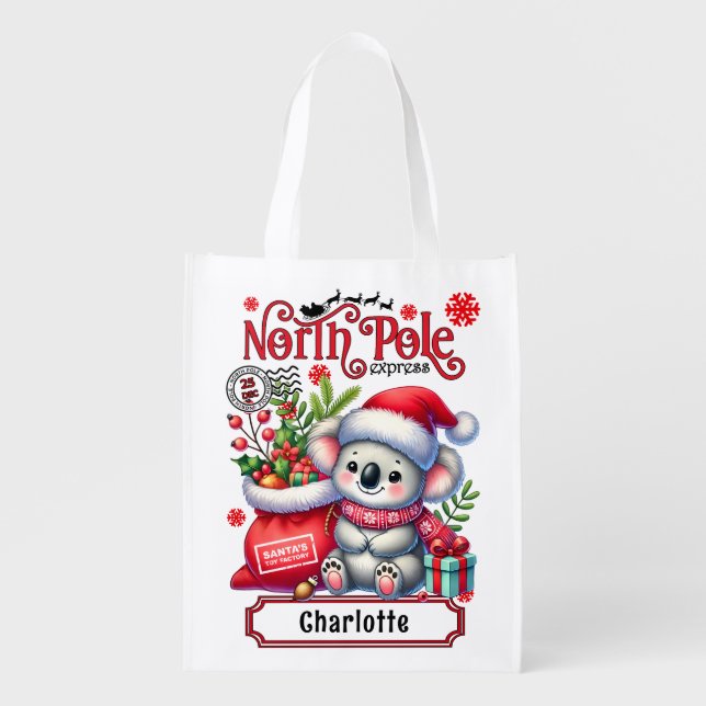 Cute Koala Chirstmas Personalized Name Grocery Bag (Front)