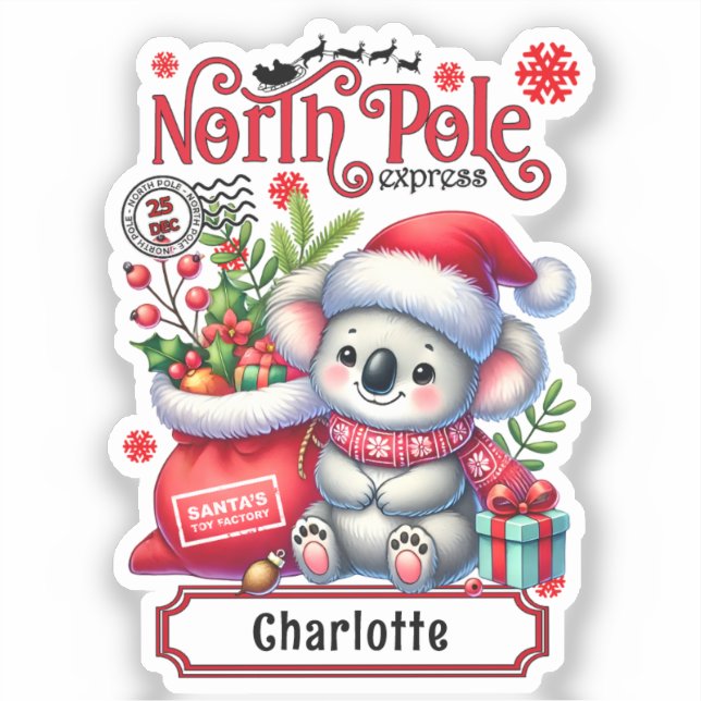 Cute Koala Chirstmas Personalized Name Sticker (Front)