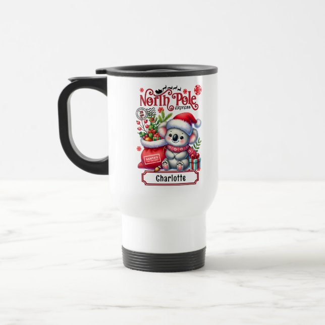 Cute Koala Chirstmas Personalized Name Travel Mug (Left)