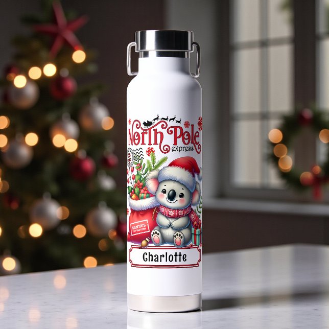 Cute Koala Chirstmas Personalized Name Water Bottle (Creator Uploaded)