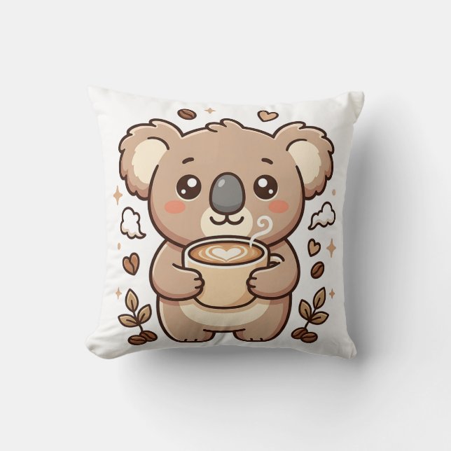 Cute Koala Coffee Throw Pillow (Front)