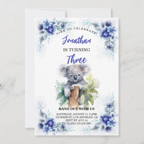 Cute Koala Editable Boy Girl Birthday Invitations