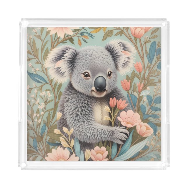 Cute Koala Elegant Pastel Floral Acrylic Tray (Front)