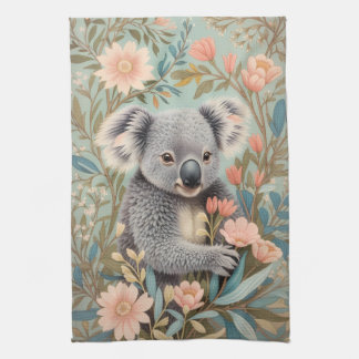 Cute Koala Elegant Pastel Floral Kitchen Towel