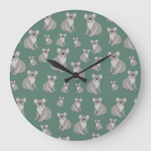Cute Koala Eucalyptus Green Pattern Large Clock