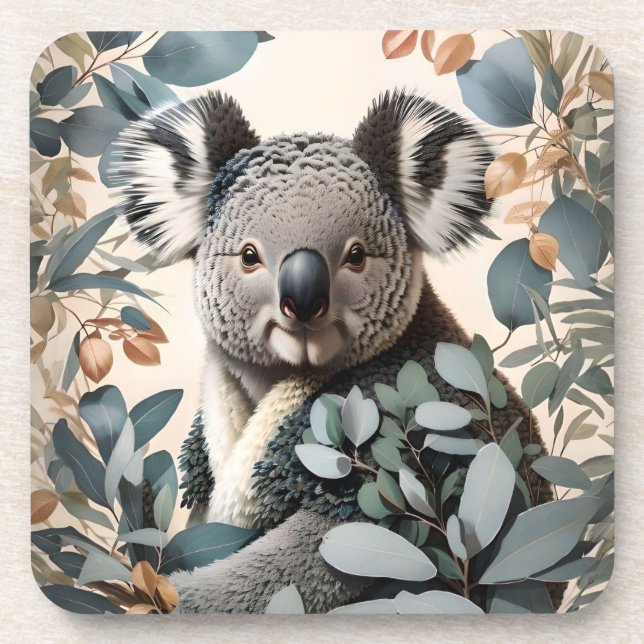 Cute Koala Eucalyptus Leaves Beverage Coaster (Front)