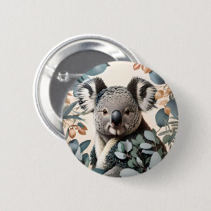 Cute Koala Eucalyptus Leaves Button