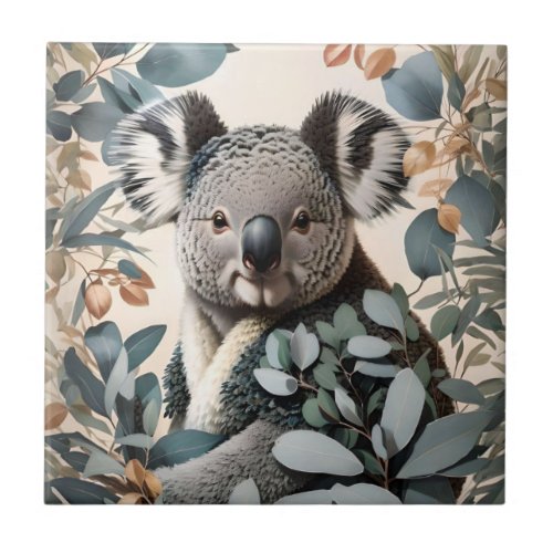 Cute Koala Eucalyptus Leaves Ceramic Tile