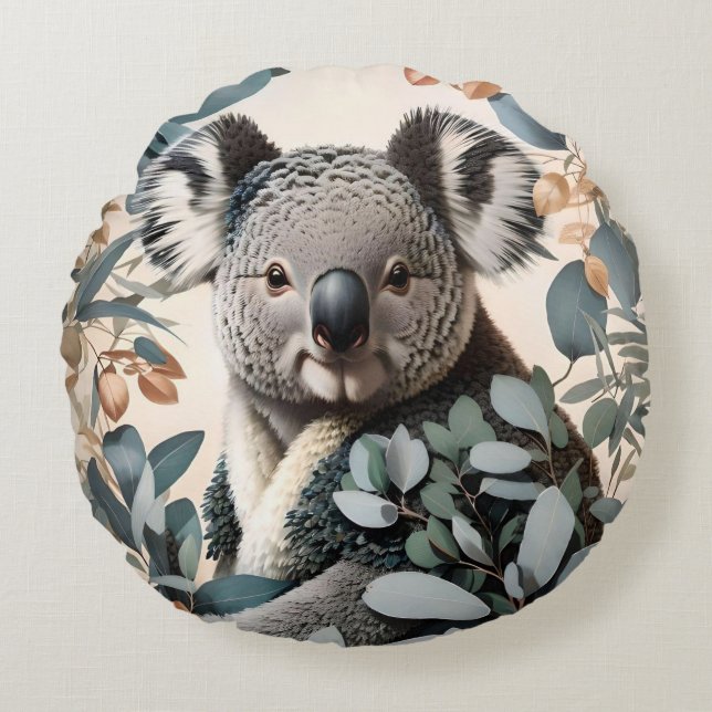 Cute Koala Eucalyptus Leaves Round Pillow (Front)