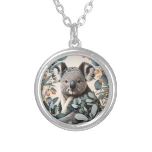 Cute Koala Eucalyptus Leaves Silver Plated Necklace