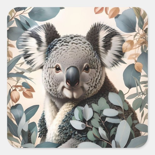 Cute Koala Eucalyptus Leaves Square Sticker (Front)
