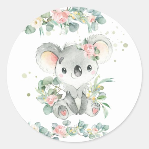 Cute Koala Eucalyptus Pink Floral Favor Classic Round Sticker