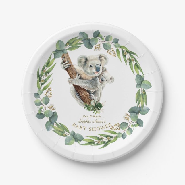 Cute Koala Eucalyptus Wreath Girl Baby Shower Paper Plates (Front)