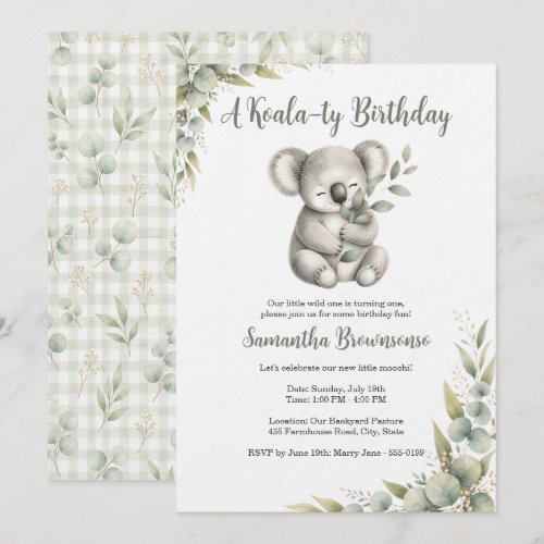 Cute Koala First Birthday Invitation