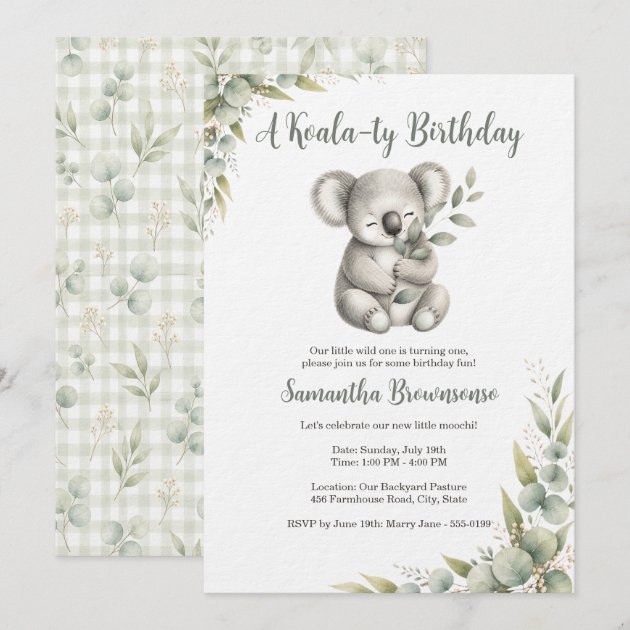 Cute Koala First Birthday Invitation