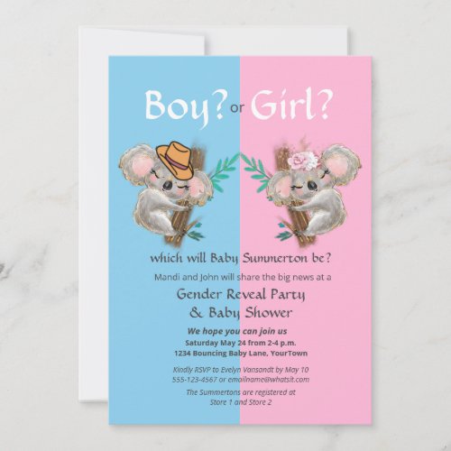 Cute Koala Gender Reveal Party  Baby Shower  Invitation