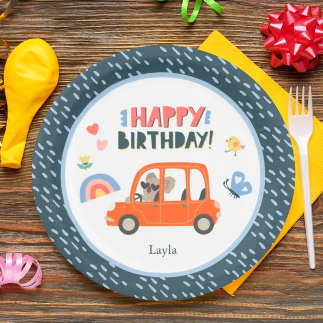 Cute Koala Girl First Name Happy Birthday Party Paper Plates (Creator Uploaded)