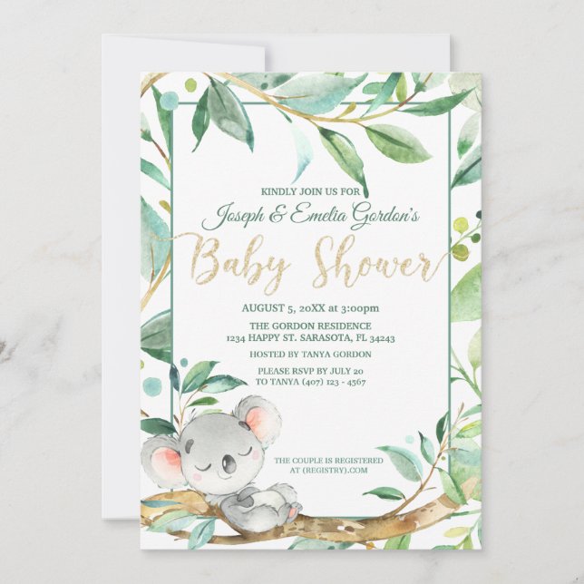 Cute Koala Green Gender Neutral Baby Shower Invitation (Front)