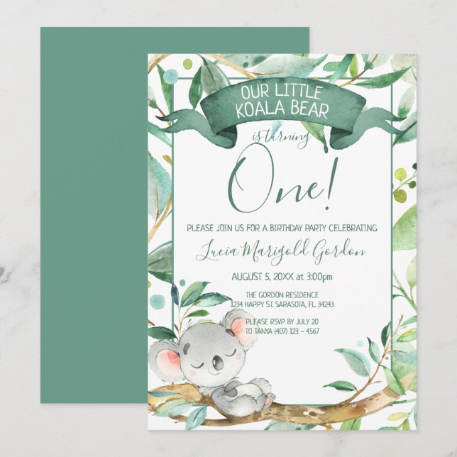 Cute Koala Green Gray First Birthday Party Invitation (Front/Back)