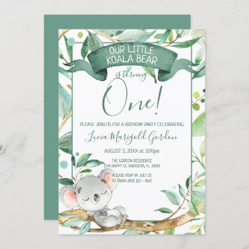 Cute Koala Green Gray First Birthday Party Invitation