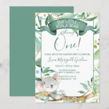 Cute Koala Green Gray First Birthday Party
