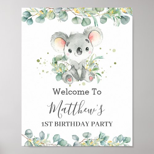 Cute Koala Greenery Baby Shower Birthday Welcome Poster